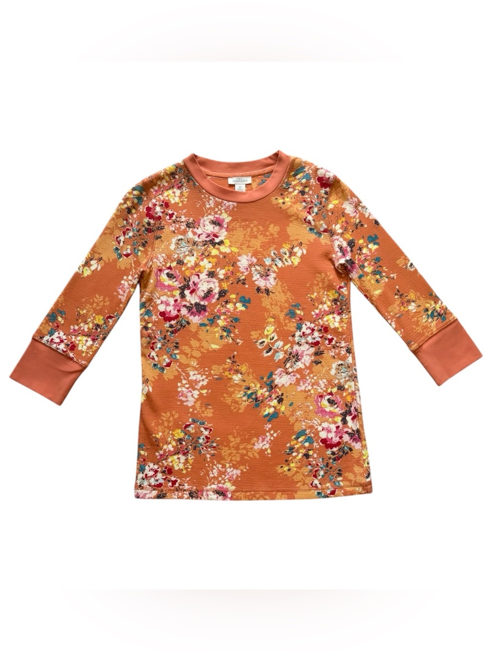 Sundance Catalog Orange Multi Colored Floral Thermal Waffle 3/4 Sleeve Top